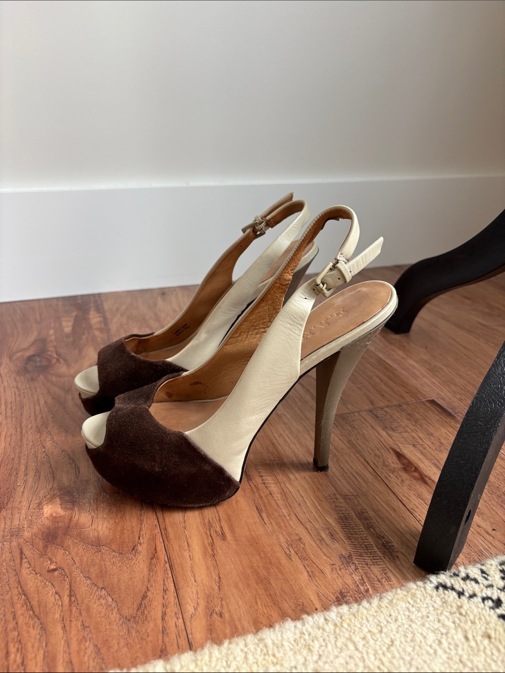 L.A.M.B. Brown Suede and Cream Slingback Peep-Toe Heels